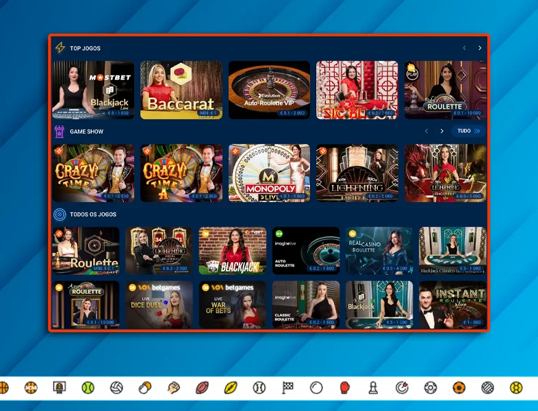 Pesquisa de jogos na seção cassino ao vivo
